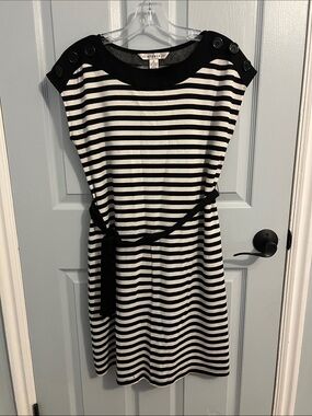 Aa Studio Black and White Striped Belted Midi Dress